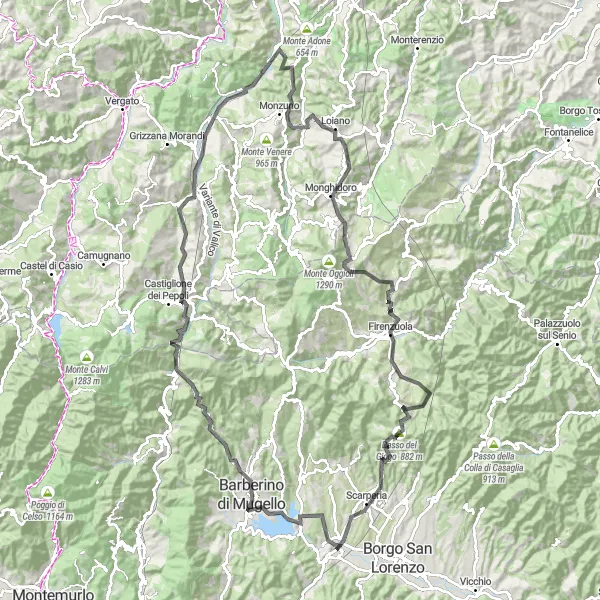 Kartminiatyr av "Rundtur på landevei rundt San Piero a Sieve" sykkelinspirasjon i Toscana, Italy. Generert av Tarmacs.app sykkelrutoplanlegger