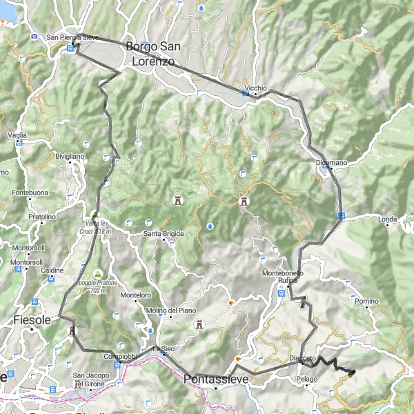 Miniaturní mapa "Trasa kolem San Piero a Sieve (Toskánsko) pro horské kolo" inspirace pro cyklisty v oblasti Toscana, Italy. Vytvořeno pomocí plánovače tras Tarmacs.app