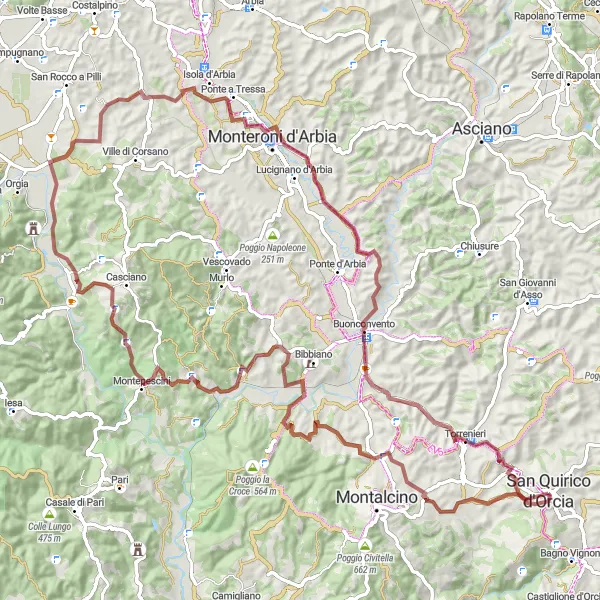 Miniatuurkaart van de fietsinspiratie "Ontdekkingstocht door Toscaanse Landschappen" in Toscana, Italy. Gemaakt door de Tarmacs.app fietsrouteplanner