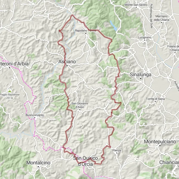 Kartminiatyr av "San Quirico d'Orcia - Chiusure - Castelmuzio Gravel Cycling Route" sykkelinspirasjon i Toscana, Italy. Generert av Tarmacs.app sykkelrutoplanlegger