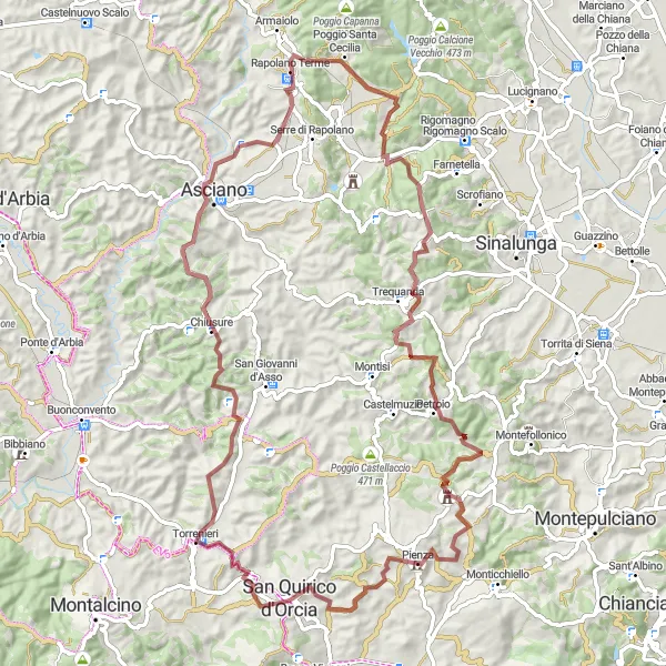 Kartminiatyr av "Gruset sykkelrute fra San Quirico d'Orcia" sykkelinspirasjon i Toscana, Italy. Generert av Tarmacs.app sykkelrutoplanlegger