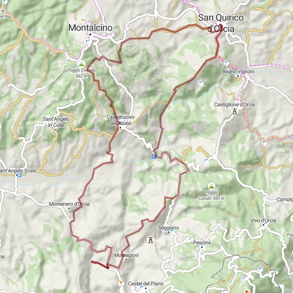 Miniatura della mappa di ispirazione al ciclismo "Gravel tra Castelnuovo dell'Abate e Ripa d'Orcia" nella regione di Toscana, Italy. Generata da Tarmacs.app, pianificatore di rotte ciclistiche
