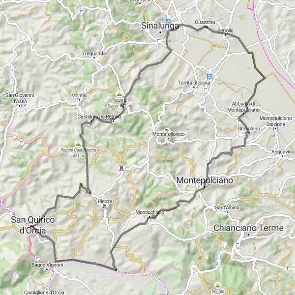 Kartminiatyr av "San Quirico d'Orcia - Montepulciano Road Cycling Route" sykkelinspirasjon i Toscana, Italy. Generert av Tarmacs.app sykkelrutoplanlegger