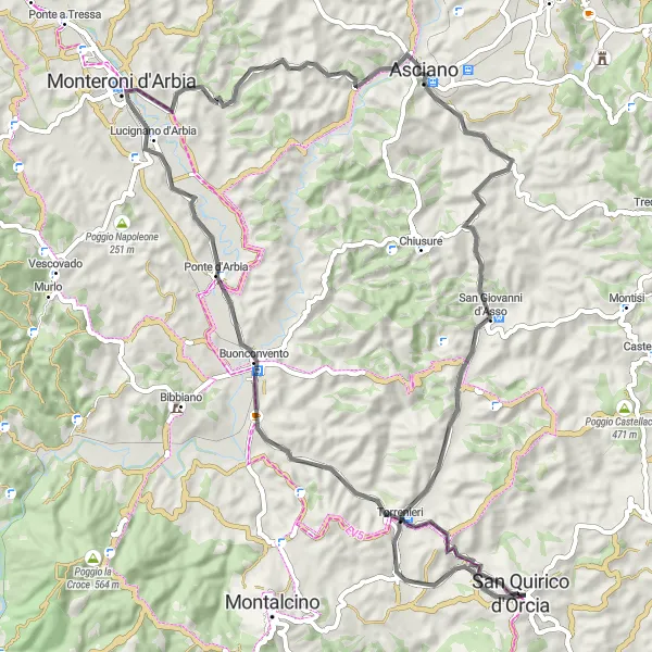 Miniatua del mapa de inspiración ciclista "Ruta Road a Monteroni d'Arbia y San Giovanni d'Asso" en Toscana, Italy. Generado por Tarmacs.app planificador de rutas ciclistas