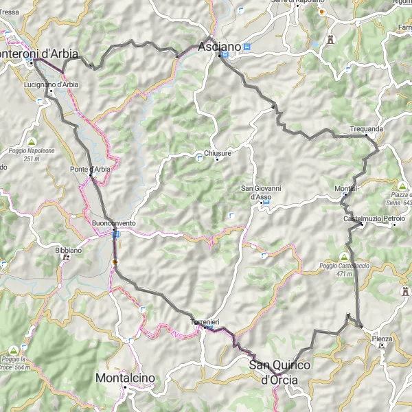 Kartminiatyr av "San Quirico d'Orcia - Asciano - Castelmuzio Road Cycling Route" sykkelinspirasjon i Toscana, Italy. Generert av Tarmacs.app sykkelrutoplanlegger