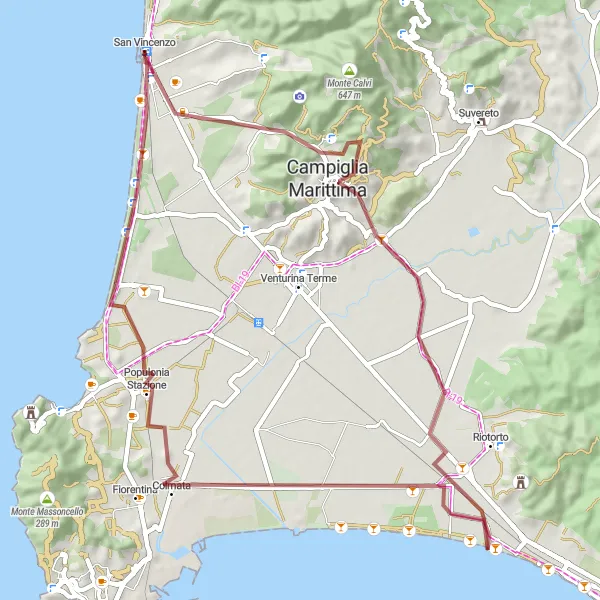 Miniatura della mappa di ispirazione al ciclismo "Circuito del Monte Campiglia Vecchia" nella regione di Toscana, Italy. Generata da Tarmacs.app, pianificatore di rotte ciclistiche