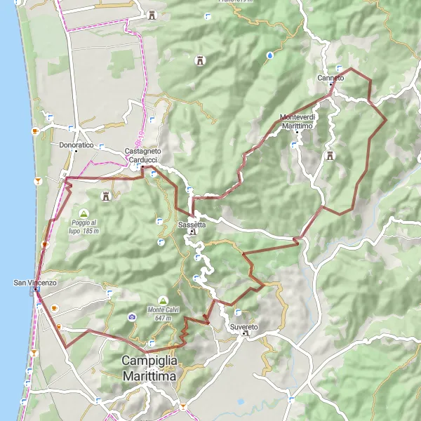 Miniaturní mapa "Okruh na štěrkovém kole Castagneto Carducci" inspirace pro cyklisty v oblasti Toscana, Italy. Vytvořeno pomocí plánovače tras Tarmacs.app