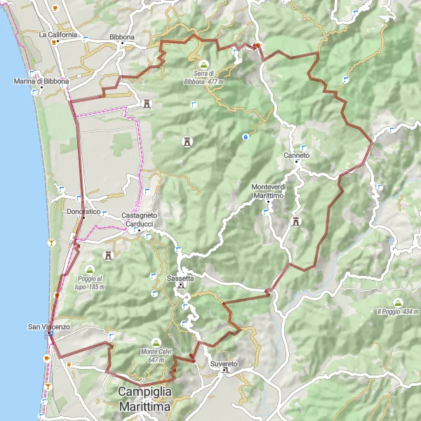 Mapa miniatúra "Gravelový výlet okolo Campiglia Marittima" cyklistická inšpirácia v Toscana, Italy. Vygenerované cyklistickým plánovačom trás Tarmacs.app