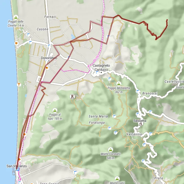 Miniaturní mapa "Okruh na štěrkovém kole San Vincenzo - Donoratico" inspirace pro cyklisty v oblasti Toscana, Italy. Vytvořeno pomocí plánovače tras Tarmacs.app