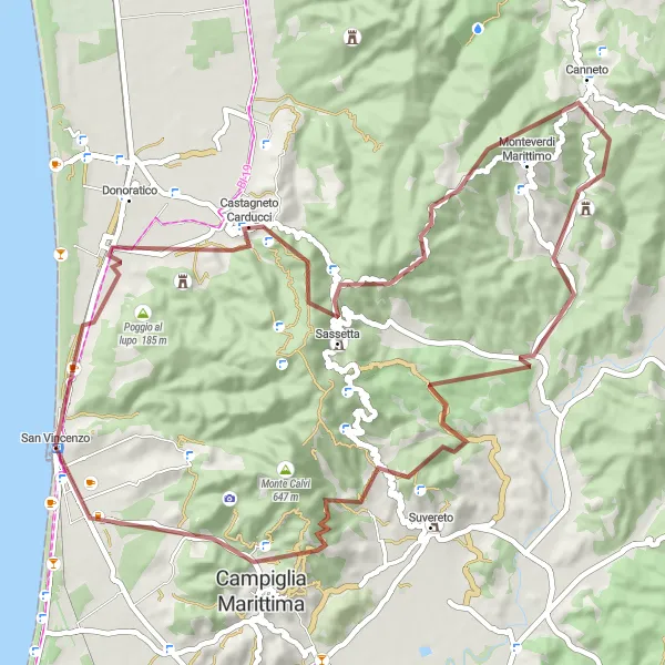 Map miniature of "San Vincenzo Gravel Loop" cycling inspiration in Toscana, Italy. Generated by Tarmacs.app cycling route planner