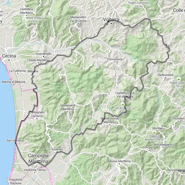 Karttaminiaatyyri "Volterra ja Casole d'Elsa maantiepyöräilyreitti" pyöräilyinspiraatiosta alueella Toscana, Italy. Luotu Tarmacs.app pyöräilyreittisuunnittelijalla