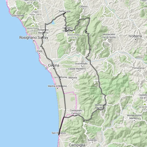 Kartminiatyr av "Scenisk landsvägscykling runt San Vincenzo" cykelinspiration i Toscana, Italy. Genererad av Tarmacs.app cykelruttplanerare