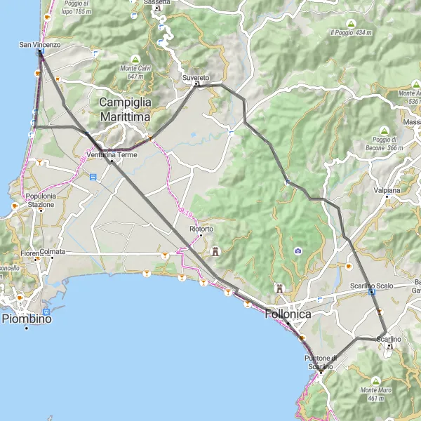 Miniatura della mappa di ispirazione al ciclismo "Circuito in bicicletta su strada attraverso Suvereto e Scarlino Scalo" nella regione di Toscana, Italy. Generata da Tarmacs.app, pianificatore di rotte ciclistiche