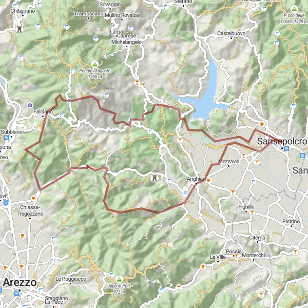 Map miniature of "Sansepolcro to Belvedere Gian Franco Venė" cycling inspiration in Toscana, Italy. Generated by Tarmacs.app cycling route planner