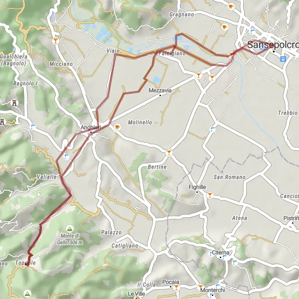 Miniaturní mapa "Gravel route to Anghiari" inspirace pro cyklisty v oblasti Toscana, Italy. Vytvořeno pomocí plánovače tras Tarmacs.app