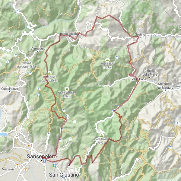 Miniature de la carte de l'inspiration cycliste "Aventure médiévale en gravel près de Sansepolcro" dans la Toscana, Italy. Générée par le planificateur d'itinéraire cycliste Tarmacs.app