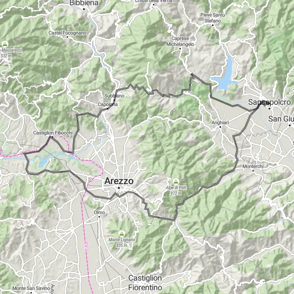 Miniaturní mapa "Road route to Arezzo" inspirace pro cyklisty v oblasti Toscana, Italy. Vytvořeno pomocí plánovače tras Tarmacs.app