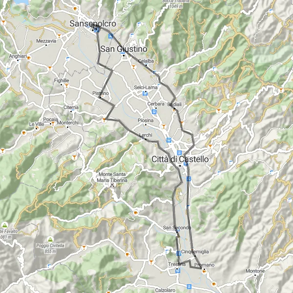 Miniatua del mapa de inspiración ciclista "Exploración de la Umbria Toscana en Bicicleta" en Toscana, Italy. Generado por Tarmacs.app planificador de rutas ciclistas