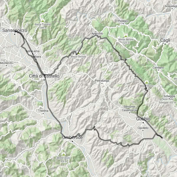 Mapa miniatúra "Trasa Gubbio a späť" cyklistická inšpirácia v Toscana, Italy. Vygenerované cyklistickým plánovačom trás Tarmacs.app