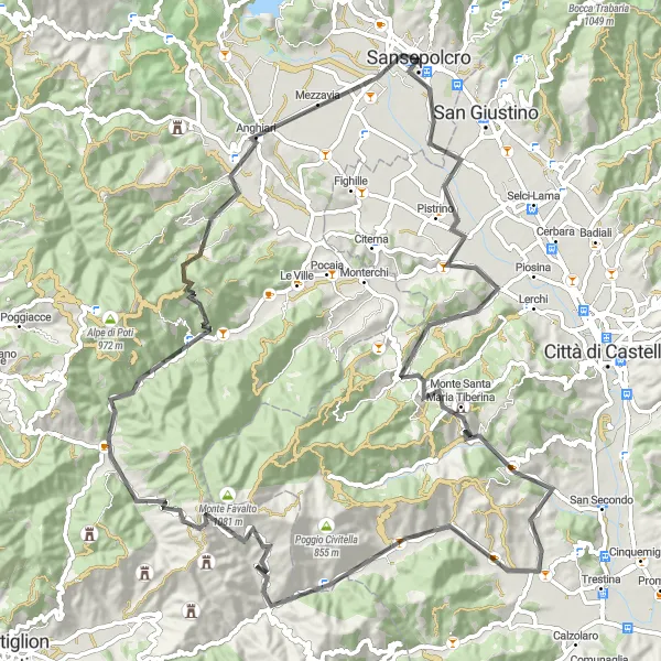 Kartminiatyr av "Sansepolcro til Anghiari" sykkelinspirasjon i Toscana, Italy. Generert av Tarmacs.app sykkelrutoplanlegger