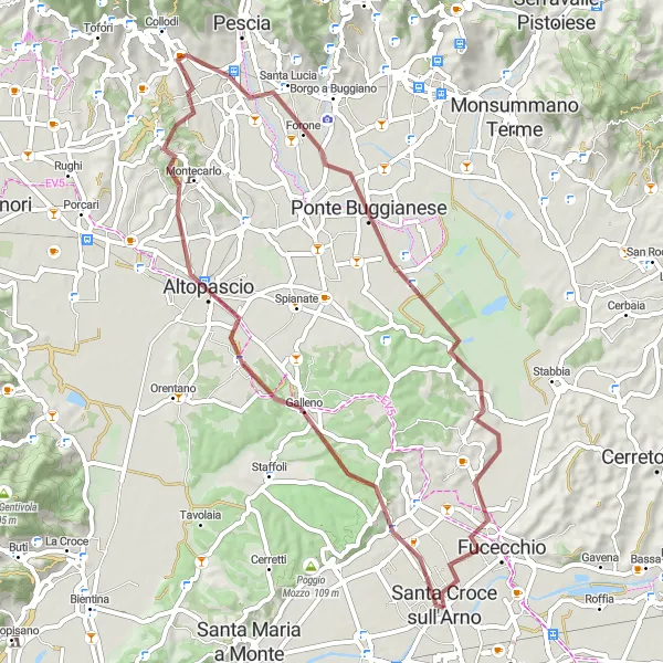 Map miniature of "Exploring San Donato and Ponte Buggianese on Gravel" cycling inspiration in Toscana, Italy. Generated by Tarmacs.app cycling route planner