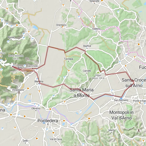 Miniatua del mapa de inspiración ciclista "Ruta de 46 km en gravilla desde Santa Croce sull'Arno" en Toscana, Italy. Generado por Tarmacs.app planificador de rutas ciclistas