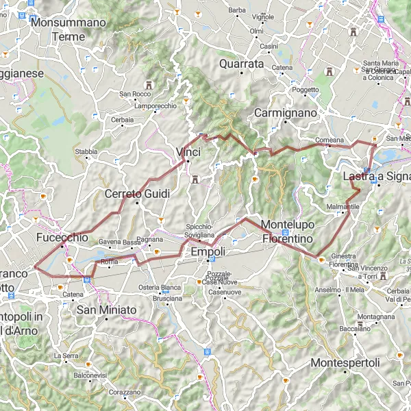 Map miniature of "The Gravel Route Through Vinci and Signa" cycling inspiration in Toscana, Italy. Generated by Tarmacs.app cycling route planner
