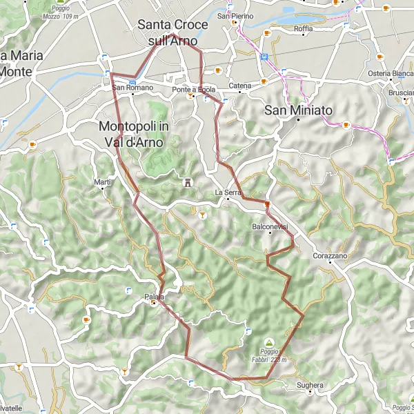 Map miniature of "Exploring the Val d'Arno Gravel" cycling inspiration in Toscana, Italy. Generated by Tarmacs.app cycling route planner