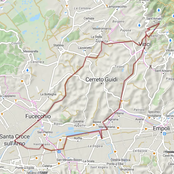 Map miniature of "Scenic Gravel Route Through Fucecchio and Anchiano" cycling inspiration in Toscana, Italy. Generated by Tarmacs.app cycling route planner
