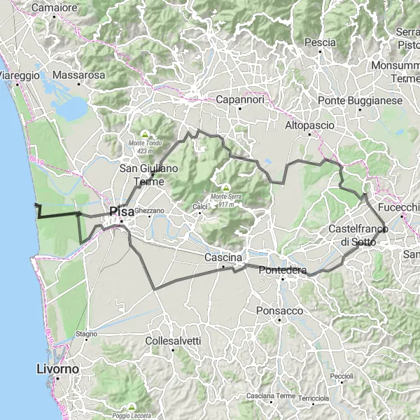 Map miniature of "Countryside Exploration from Castelfranco di Sotto to Sant'Andrea di Compito" cycling inspiration in Toscana, Italy. Generated by Tarmacs.app cycling route planner