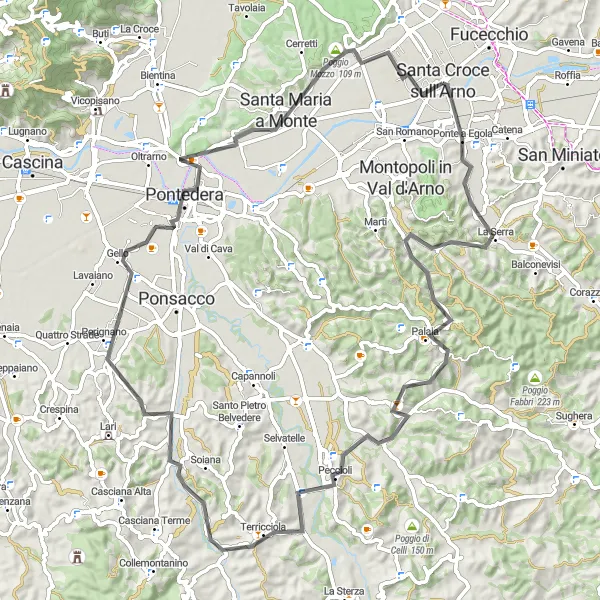 Miniatura della mappa di ispirazione al ciclismo "Giro in Bici su Strada tra Palaia e Pontedera" nella regione di Toscana, Italy. Generata da Tarmacs.app, pianificatore di rotte ciclistiche