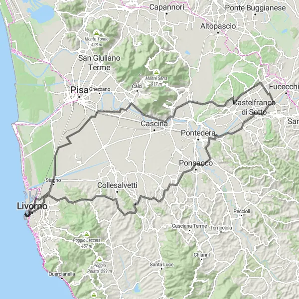 Miniature de la carte de l'inspiration cycliste "La beauté côtière de Livorno" dans la Toscana, Italy. Générée par le planificateur d'itinéraire cycliste Tarmacs.app
