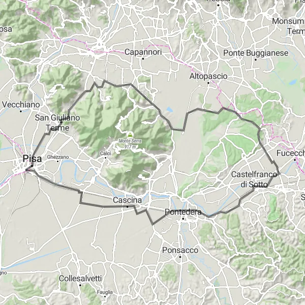 Kartminiatyr av "Runt Pontedera och Pisa" cykelinspiration i Toscana, Italy. Genererad av Tarmacs.app cykelruttplanerare