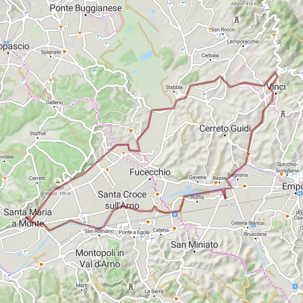 Map miniature of "Scenic Gravel Cycling through Vinci and Marcignana" cycling inspiration in Toscana, Italy. Generated by Tarmacs.app cycling route planner