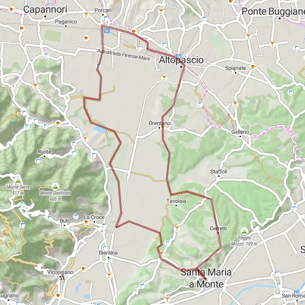 Map miniature of "Gravel Adventure in Buti" cycling inspiration in Toscana, Italy. Generated by Tarmacs.app cycling route planner