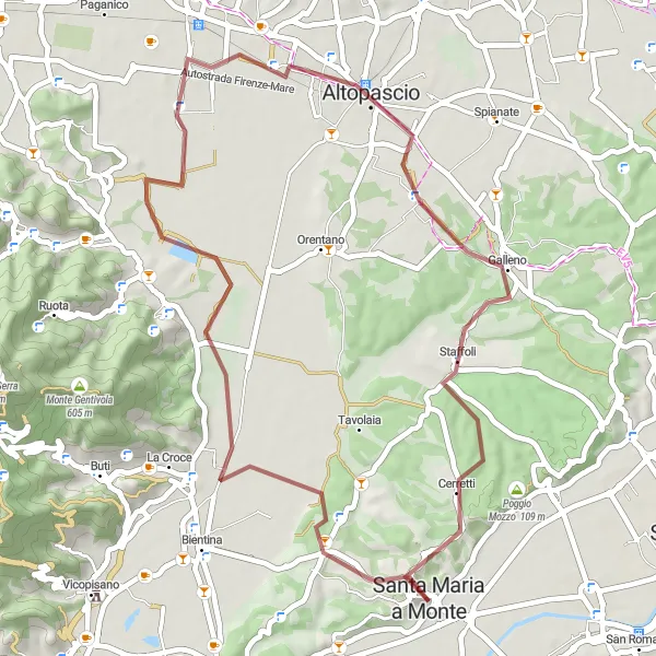 Karttaminiaatyyri "Cascine di Buti - Cerretti Maastopyöräreitti" pyöräilyinspiraatiosta alueella Toscana, Italy. Luotu Tarmacs.app pyöräilyreittisuunnittelijalla