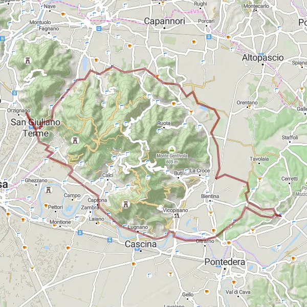 Map miniature of "Cascine di Buti Loop" cycling inspiration in Toscana, Italy. Generated by Tarmacs.app cycling route planner