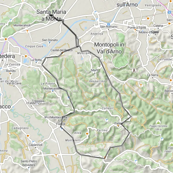 Map miniature of "Palaia Circuit" cycling inspiration in Toscana, Italy. Generated by Tarmacs.app cycling route planner