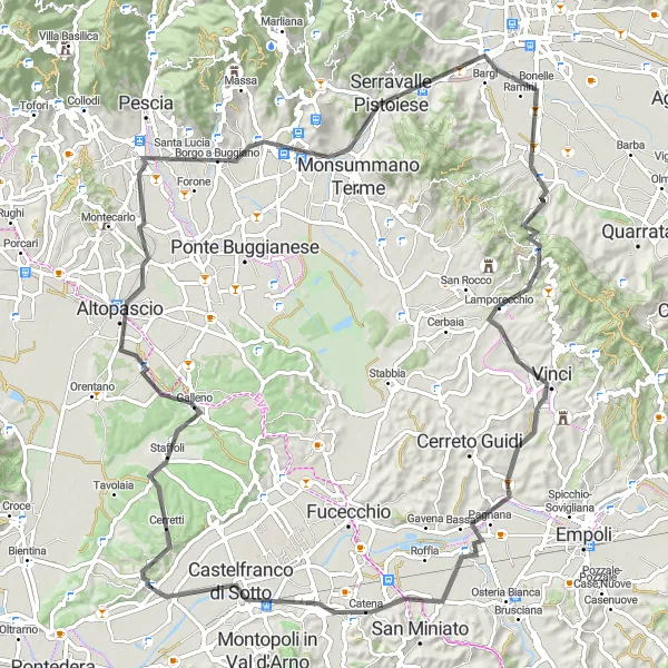 Mapa miniatúra "Cyklistická cesta cez kopcú v toskánskom regióne" cyklistická inšpirácia v Toscana, Italy. Vygenerované cyklistickým plánovačom trás Tarmacs.app