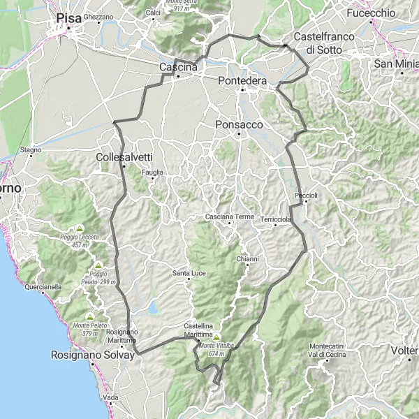 Map miniature of "Scenic Route through Peccioli and Bientina" cycling inspiration in Toscana, Italy. Generated by Tarmacs.app cycling route planner