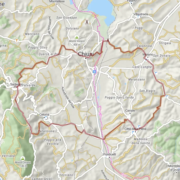 Miniaturní mapa "Trasa Poggio al Moro z Sarteano" inspirace pro cyklisty v oblasti Toscana, Italy. Vytvořeno pomocí plánovače tras Tarmacs.app