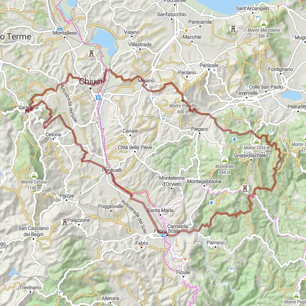 Miniaturní mapa "Gravel Bike Tour around Sarteano" inspirace pro cyklisty v oblasti Toscana, Italy. Vytvořeno pomocí plánovače tras Tarmacs.app