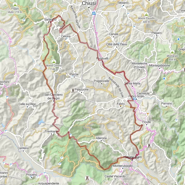 Zemljevid v pomanjšavi "Razgiban teren v bližini Sarteano" kolesarske inspiracije v Toscana, Italy. Generirano z načrtovalcem kolesarskih poti Tarmacs.app