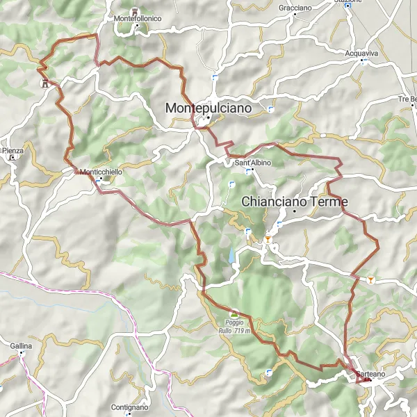Mapa miniatúra "Gravel okolo Sarteano" cyklistická inšpirácia v Toscana, Italy. Vygenerované cyklistickým plánovačom trás Tarmacs.app