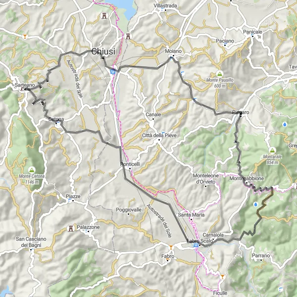 Miniatua del mapa de inspiración ciclista "Ruta en Carretera a través de Chiusi y Cetona" en Toscana, Italy. Generado por Tarmacs.app planificador de rutas ciclistas