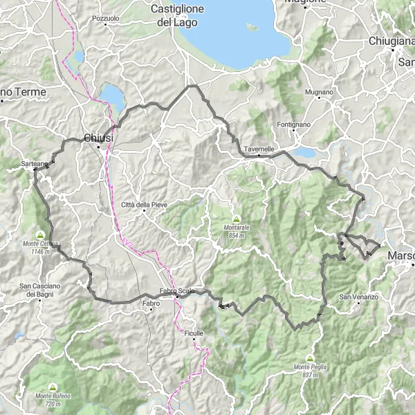 Miniatua del mapa de inspiración ciclista "Ruta de Sarteano a Piazze" en Toscana, Italy. Generado por Tarmacs.app planificador de rutas ciclistas