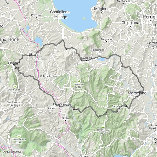 Kartminiatyr av "Sarteano till Cetona via Poggio al Moro och Fabro Scalo" cykelinspiration i Toscana, Italy. Genererad av Tarmacs.app cykelruttplanerare