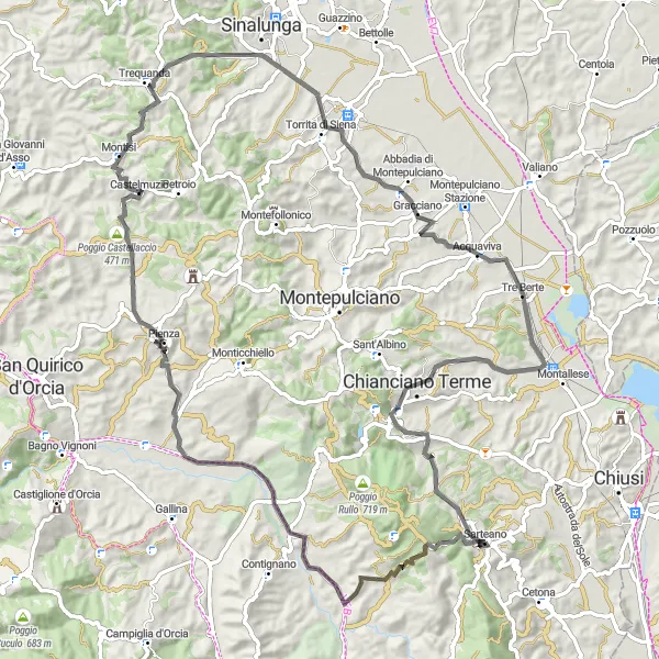 Miniatua del mapa de inspiración ciclista "Ruta en Carretera desde Sarteano a Pienza" en Toscana, Italy. Generado por Tarmacs.app planificador de rutas ciclistas