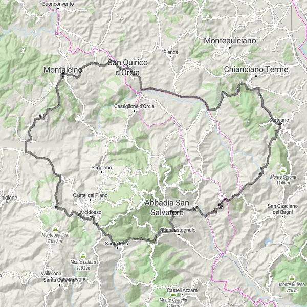 Miniatua del mapa de inspiración ciclista "Sarteano - Monte Calcinaio - Poggio Civitella - Montalcino - San Quirico d'Orcia - Spedaletto - Sarteano" en Toscana, Italy. Generado por Tarmacs.app planificador de rutas ciclistas