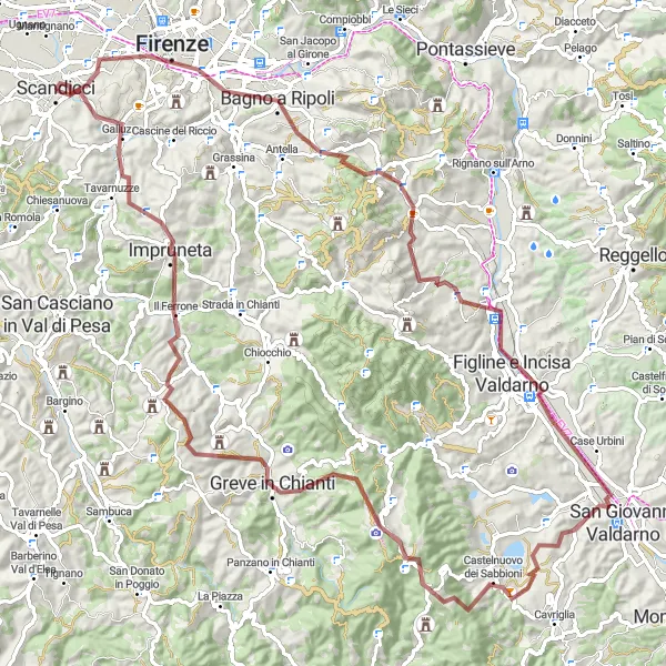 Miniatua del mapa de inspiración ciclista "Ruta de Grava Florencia - Castello dell'Acciaiolo" en Toscana, Italy. Generado por Tarmacs.app planificador de rutas ciclistas